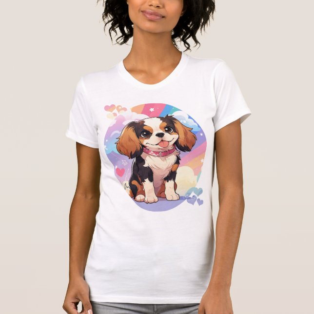 Kawaii Cavalier Kung Charles Pastel Rainbow T Shirt (Framsida)