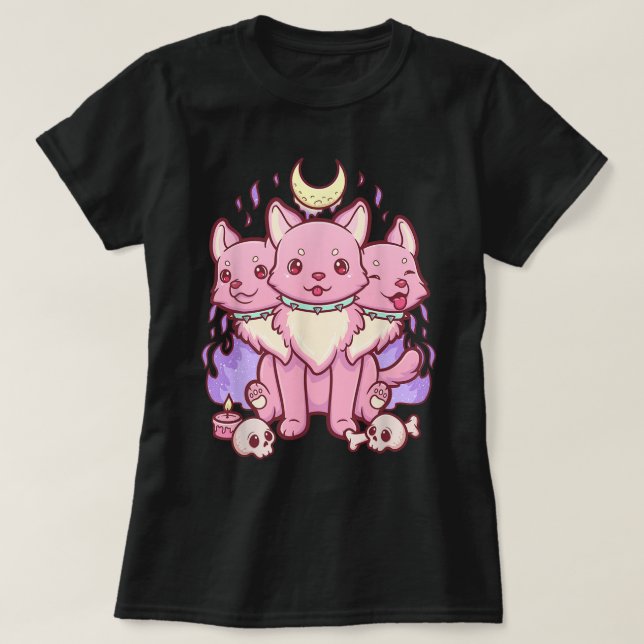 Kawaii Cerberus Pastel Gothic Puppy Art T Shirt (Design framsida)