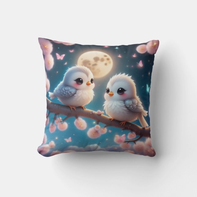 Kawaii Charming Birds under Moonlight Kudde (Framsida)