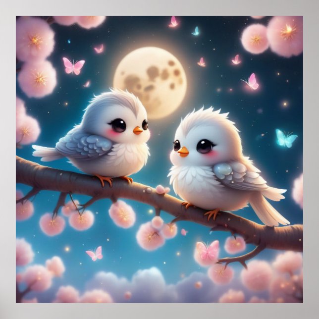 Kawaii Charming Birds under Moonlight Poster (Framsidan)