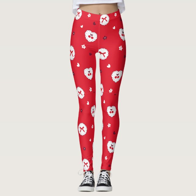 Kawaii Cherries and Bows Pattern Leggings (Framsida)