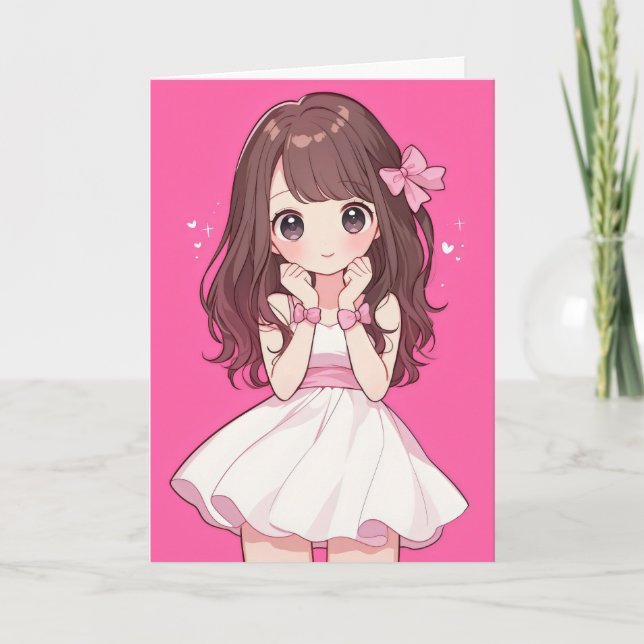 Kawaii Chibi Anime Girl Rosa Helgkort (Framsida)