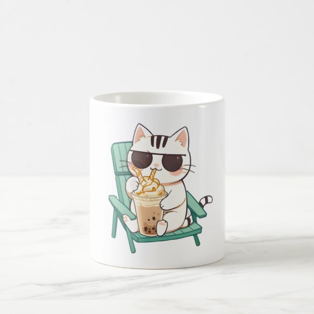 Kawaii Chibi Katt i Solglasögon som Dricker Frappè Kaffemugg (Center)