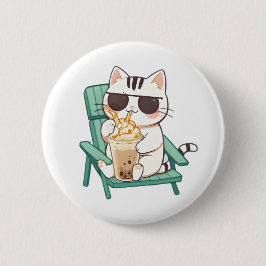 Kawaii Chibi Katt i Solglasögon som Dricker Frappè Knapp