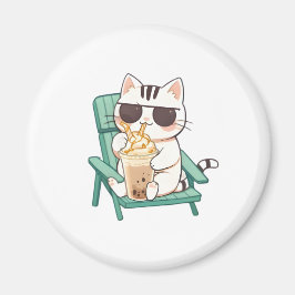 Kawaii Chibi Katt i Solglasögon som Dricker Frappè Magnet