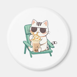 Kawaii Chibi Katt i Solglasögon som Dricker Frappè Magnet