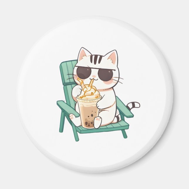 Kawaii Chibi Katt i Solglasögon som Dricker Frappè Magnet (Framsidan)
