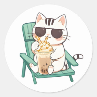 Kawaii Chibi Katt i Solglasögon som Dricker Frappè Runt Klistermärke