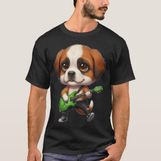 Kawaii Chibi Rolig Sankt Bernhardshund Gitarrist T Shirt