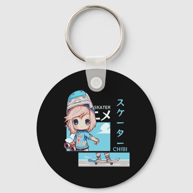 Kawaii Chibi Skater Skateboard Japanese Aesthetic  Nyckelring (Framsida)