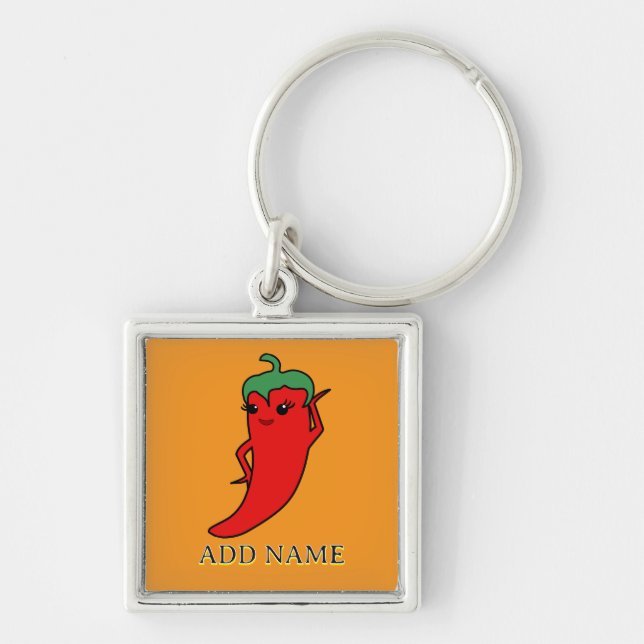 Kawaii Chilipeppar Diva Anpassad Fyrkantig Silverfärgad Nyckelring (Framsidan)