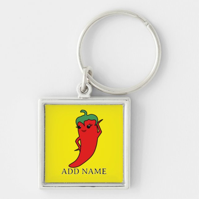 Kawaii Chilipeppar Diva Anpassad Fyrkantig Silverfärgad Nyckelring (Framsidan)