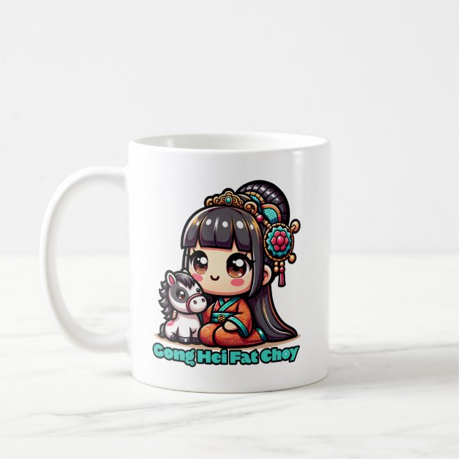 Kawaii Chinese New Year Horse and Girl Kaffemugg (Vänster)
