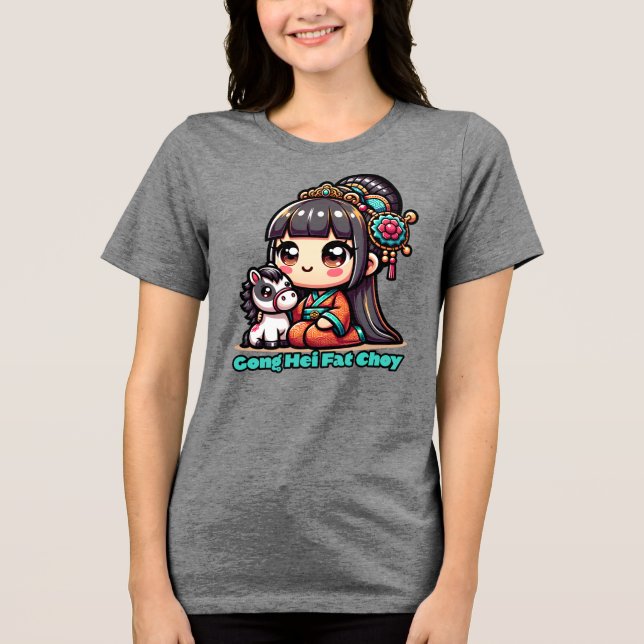Kawaii Chinese New Year Horse and Girl T Shirt (Framsida)