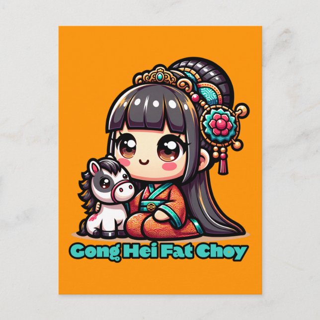 Kawaii Chinese New Year Horse and Girl Vykort (Framsida)
