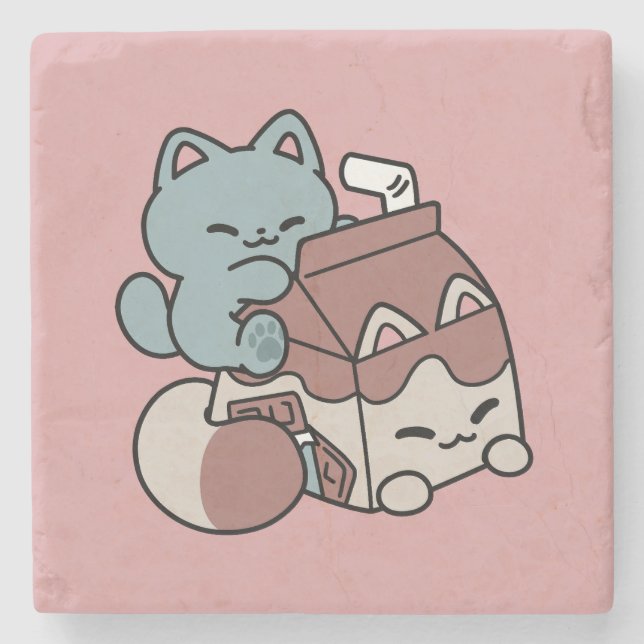 Kawaii Chokladmjölk Katt – Mysig Dryck & Söthet  Stenunderlägg (Framsidan)