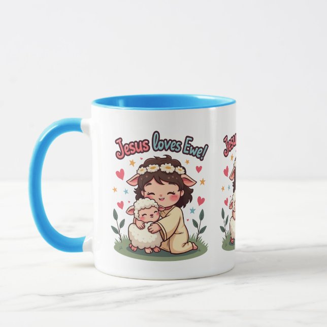 Kawaii Christian Jesus Kärlek Ewe Pastel Design Mugg (Vänster)