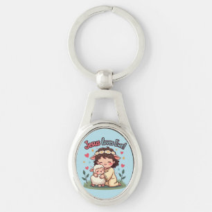 Kawaii Christian Jesus Kärlek Ewe Pastel Design Ovalt Silverfärgad Nyckelring