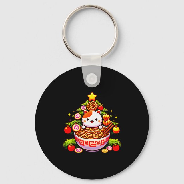 Kawaii Christmas Cat Ramen Christmas Tree Holiday  Nyckelring (Framsida)