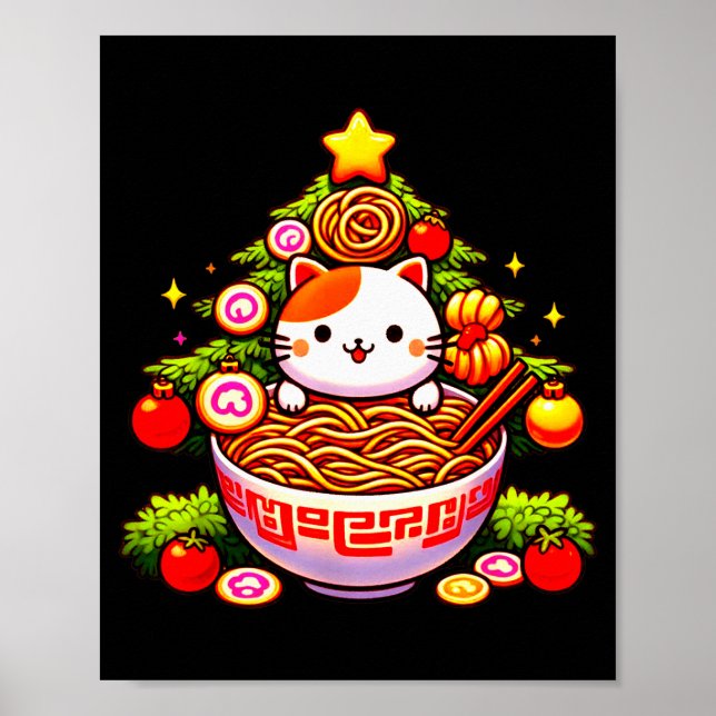 Kawaii Christmas Cat Ramen Christmas Tree Holiday  Poster (Framsidan)