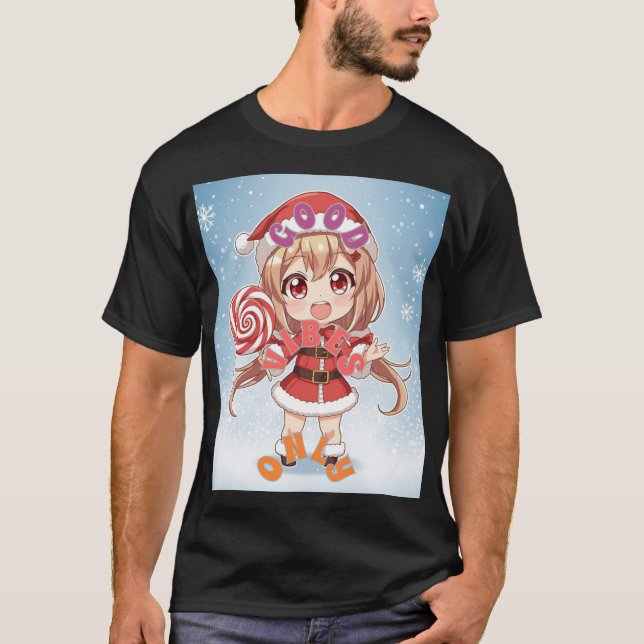 Kawaii Christmas Chibi Anime Girl in Santa Suit wi T Shirt (Framsida)