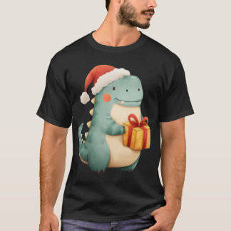 Kawaii Christmas Dinosaur with Gift Cute Santa Din T Shirt