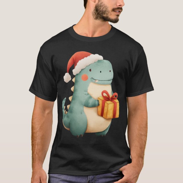 Kawaii Christmas Dinosaur with Gift Cute Santa Din T Shirt (Framsida)