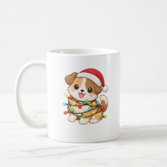 Kawaii Christmas Dog Mug with Santa Hat Kaffemugg (Vänster)