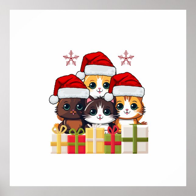 Kawaii Christmas kitten in Santa Hats T-Shirt Poster (Framsidan)