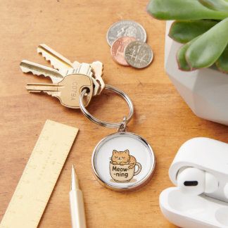 Kawaii Coffee Cat Keychain Rund Silverfärgad Nyckelring