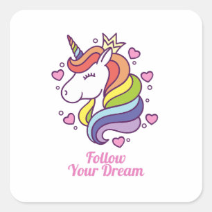 Kawaii Colorful Rainbow Unicorn Dreams Fyrkantigt Klistermärke