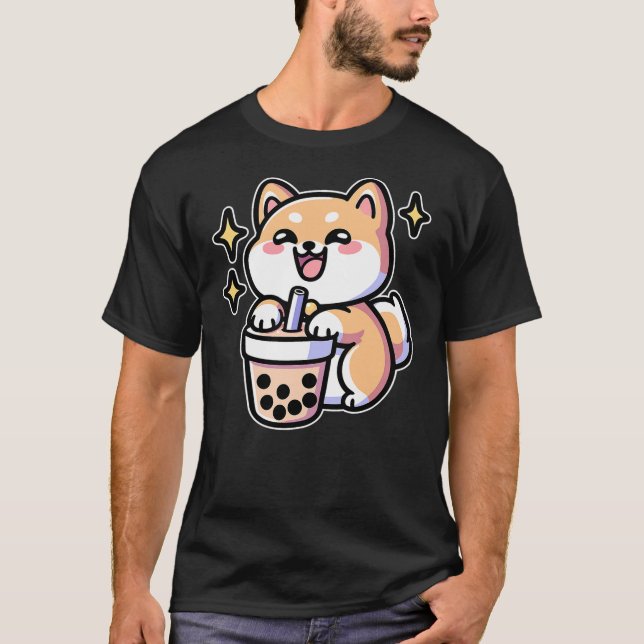 Kawaii Corgi Dog Shiba Inu Drinking Bubble Tea Bob T Shirt (Framsida)
