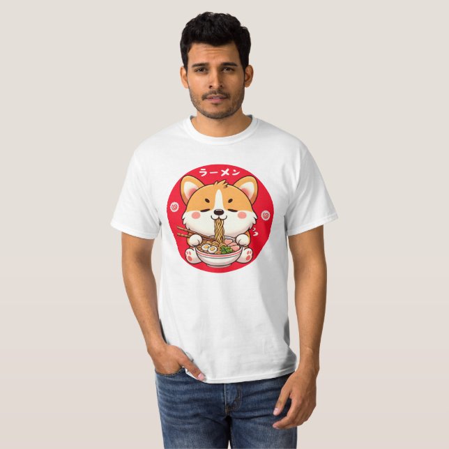 Kawaii Corgi Eating Ramen T Shirt (Hel framsida)