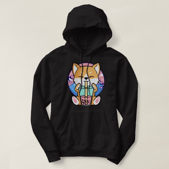 Kawaii Corgi Hund Bubble Tea Boba Anime Neko Japan Hoodie (Design framsida)