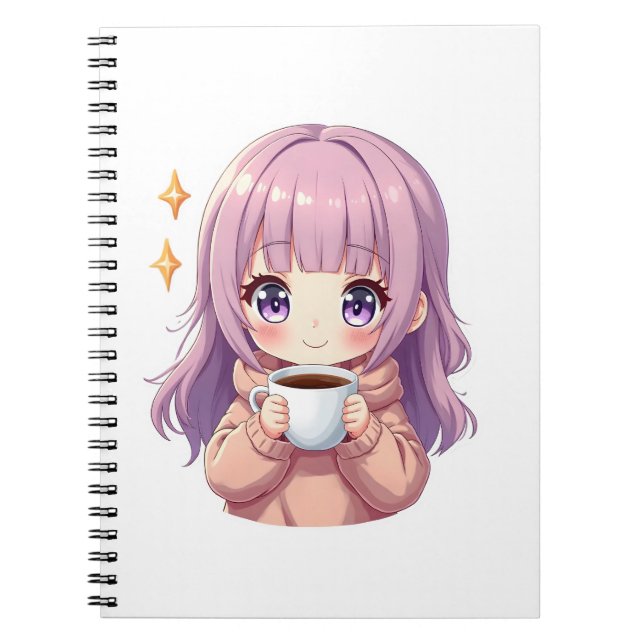 Kawaii Cozy Coffee Girl – Pastel Aesthetic sticker Anteckningsbok (Framsidan)