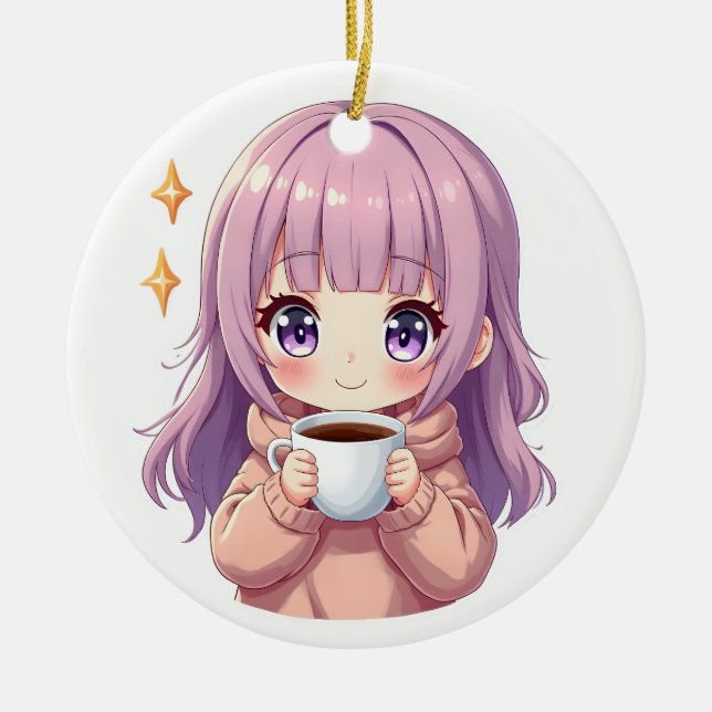 Kawaii Cozy Coffee Girl – Pastel Aesthetic sticker Julgransprydnad Keramik (Framsidan)
