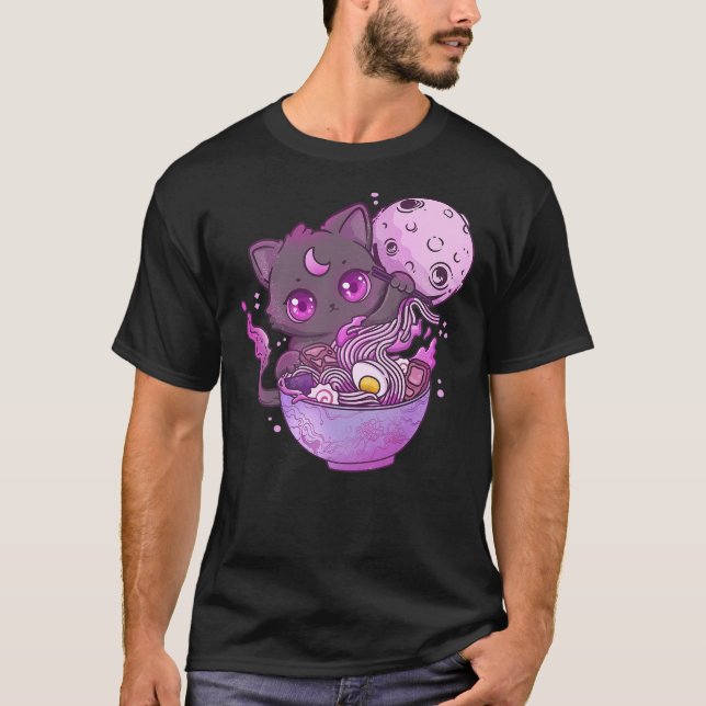 Kawaii Creepy Cat Eating Ramen Noodles Pastel Goth T Shirt (Framsida)