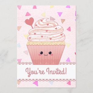 Kawaii Cupcake Hearts rosa Inbjudningar
