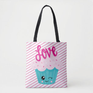 Kawaii Cupcake Kärlek Rosa Teal Rand Söt Tjejig Tygkasse