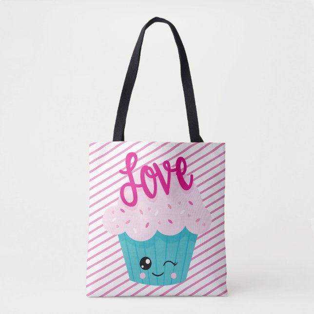 Kawaii Cupcake Kärlek Rosa Teal Rand Söt Tjejig Tygkasse (Framsida)