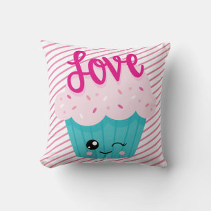Kawaii Cupcake Love Rosa Teal Randig Söt Tjejig Kudde