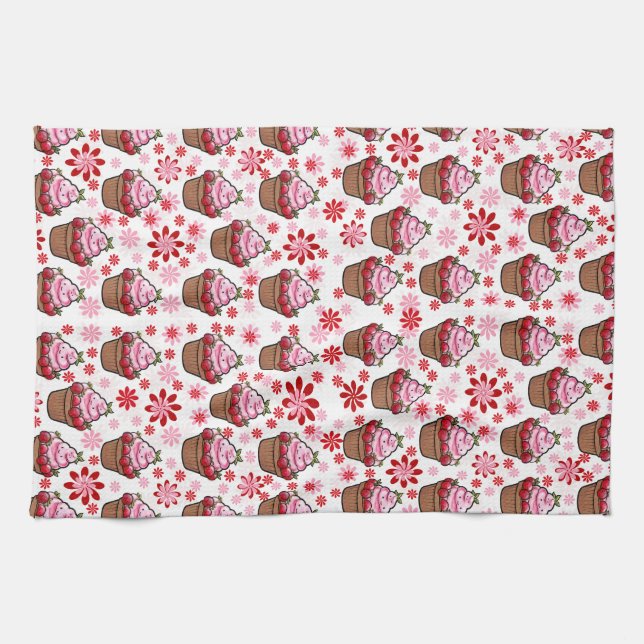 Kawaii Cupkaka Design - Cute Dessert Illustration Kökshandduk (Horisontell)