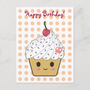 Kawaii Cupkaka i Polka dots ’Grattis på födelsedag Vykort