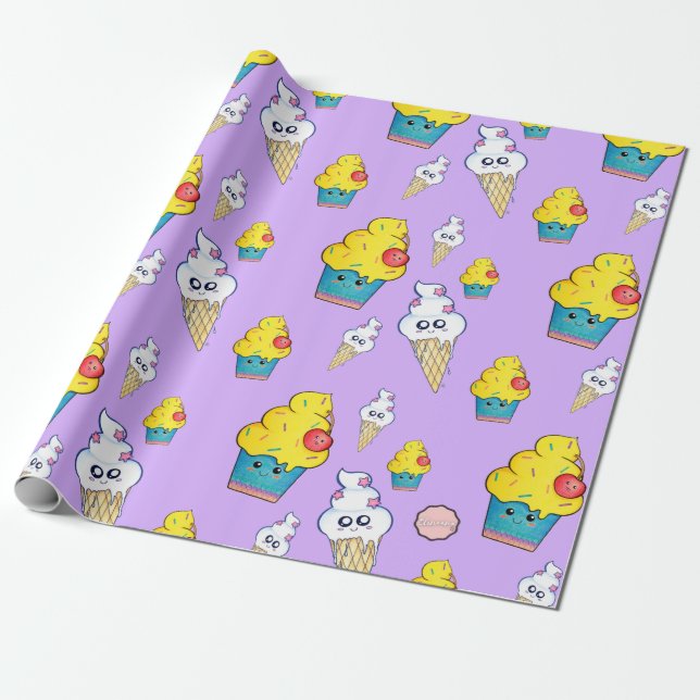 Kawaii Cupkaka och Ice Cream Cone Wrapping Papper Presentpapper (Utrullad)
