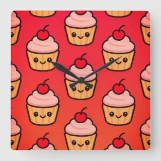 Kawaii Cuptårta Grid med Smiling Ansikte och Cherr Fyrkantig Klocka