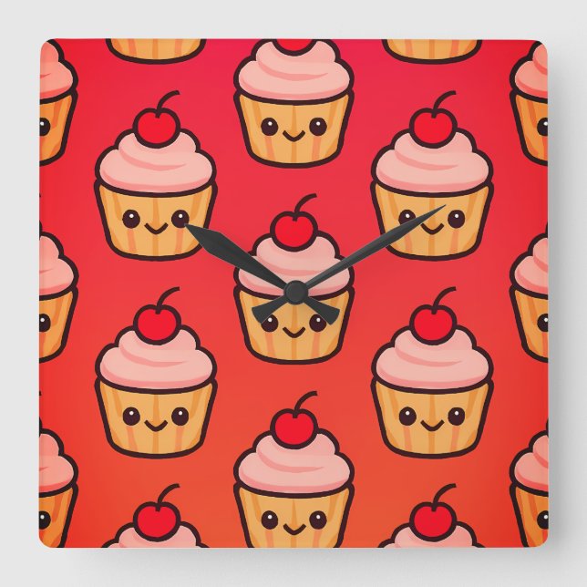 Kawaii Cuptårta Grid med Smiling Ansikte och Cherr Fyrkantig Klocka (Framsida)