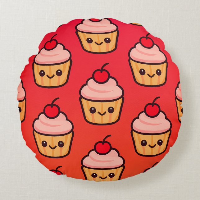 Kawaii Cuptårta Grid med Smiling Ansikte och Cherr Rund Kudde (Framsidan)