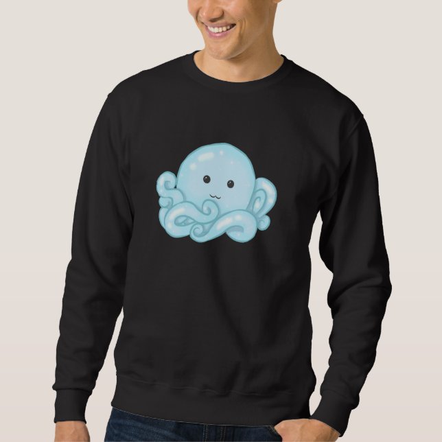 Kawaii Cute Aesthetic Happy Pastel Blue Octopus Lång Ärmad Tröja (Framsida)