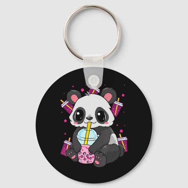 Kawaii Cute Anime Panda Boba Bubble Tea Otaku Mana Nyckelring (Framsida)