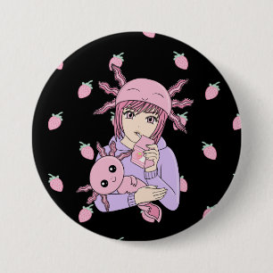 Kawaii Cute Axolotl Strawberry Mjölk Anime Knapp